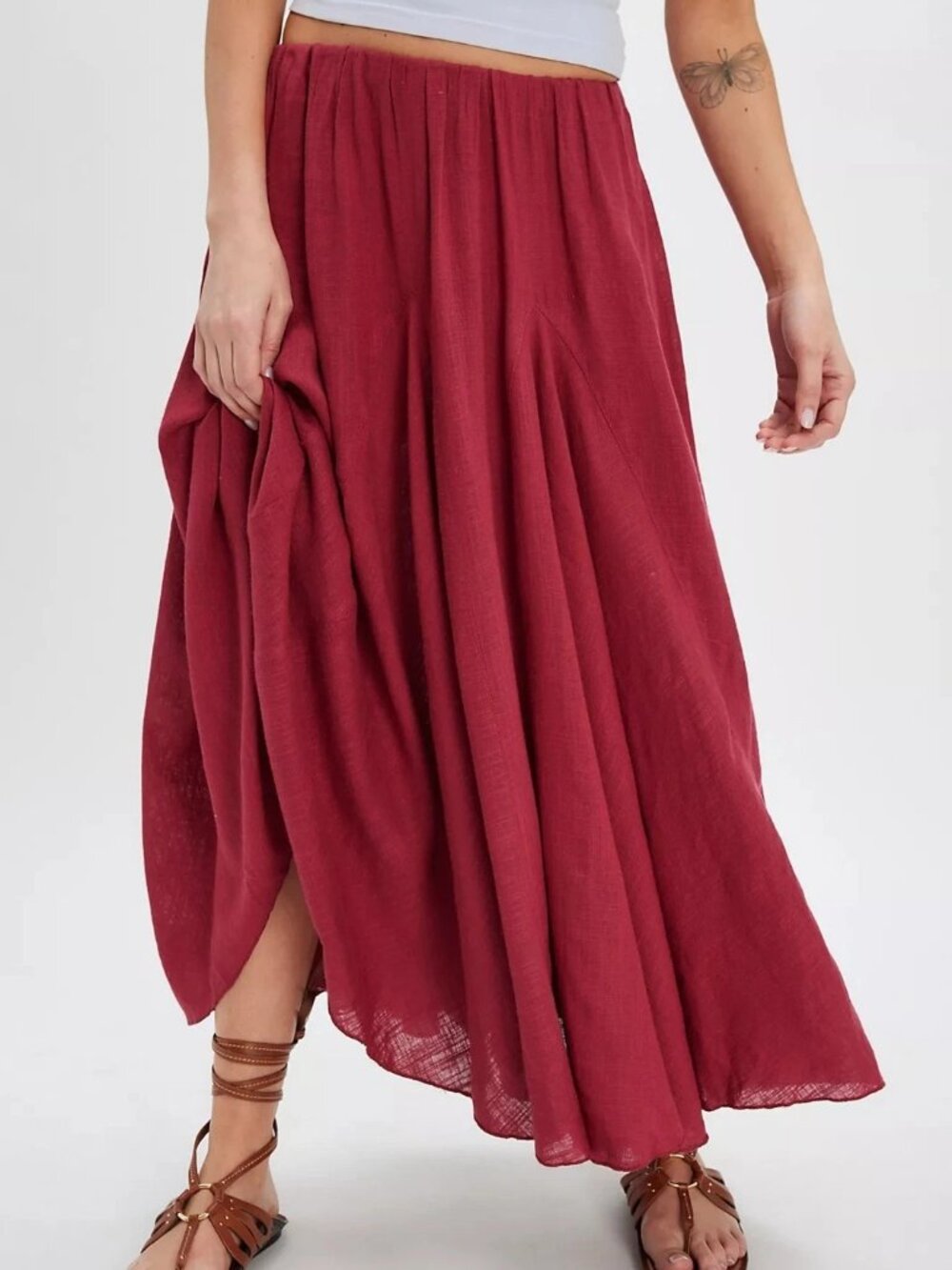Free People Madras That Solid Linen Maxi Skirt A Line Godet Mid Rise XS 285289